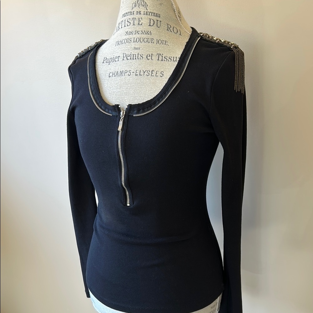 Scoop Neck Jersey Top, Zipper, Beaded, Black (size small)